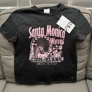 Zara Kids Black Tee with Pink Santa Monica Design